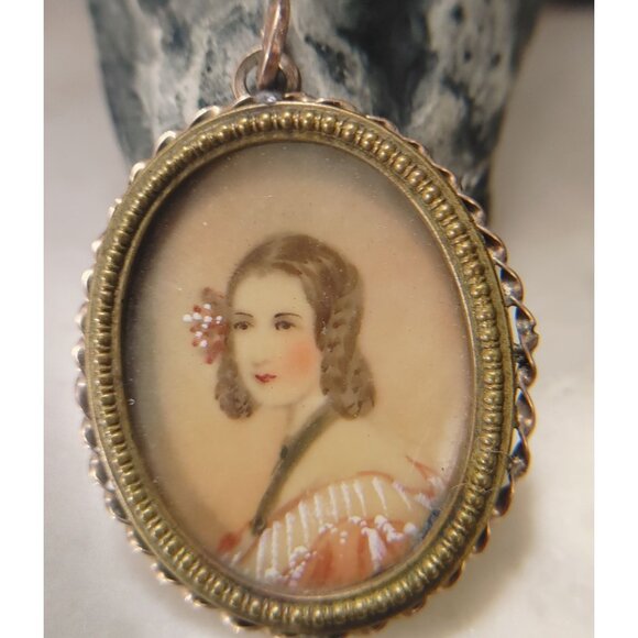 Antique Victorian Pendant 10K Yellow Gold 15 g Hand Painted Miniature Portrait - Picture 1 of 16